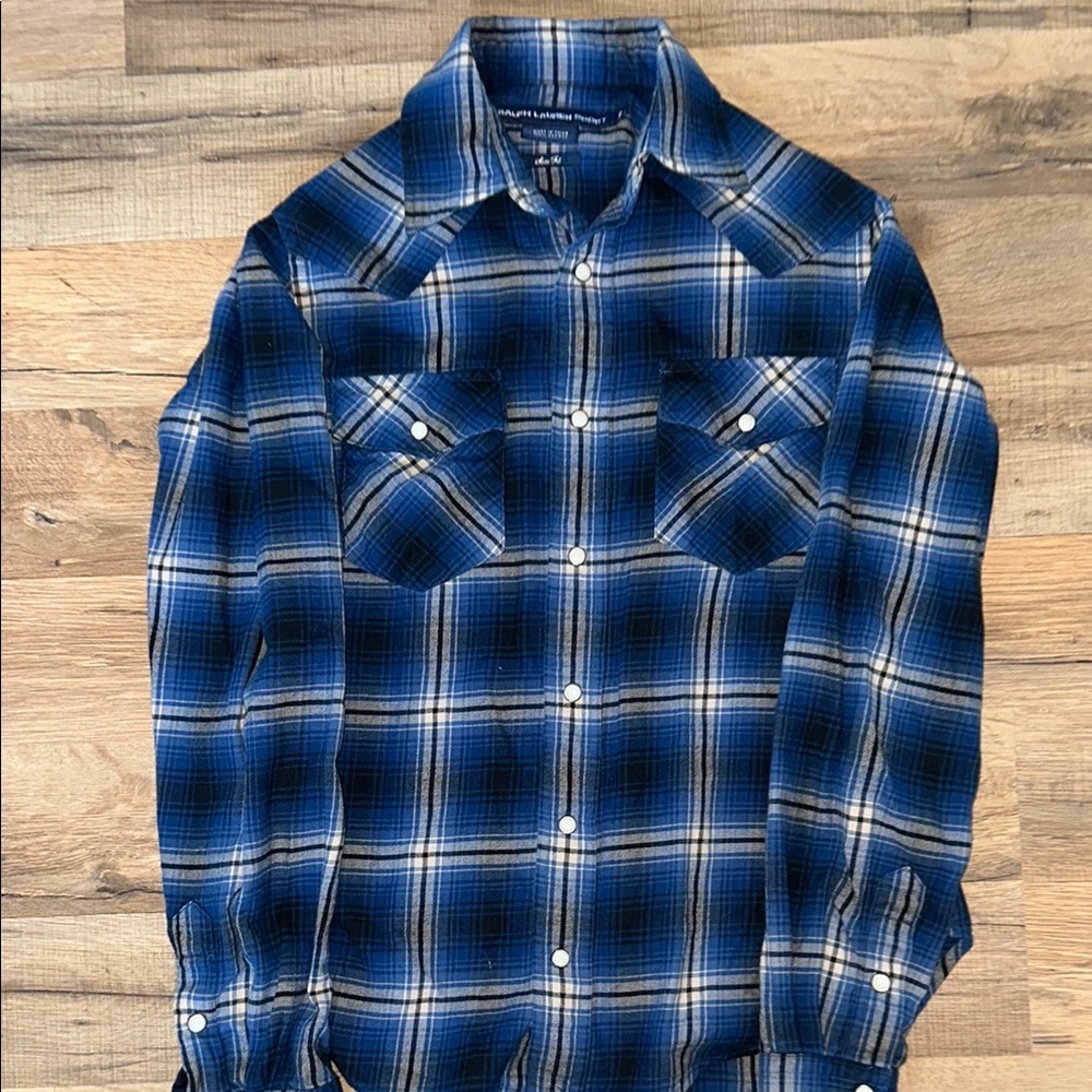 Blue and White Casual Button Down Shirt with Plaid Pattern